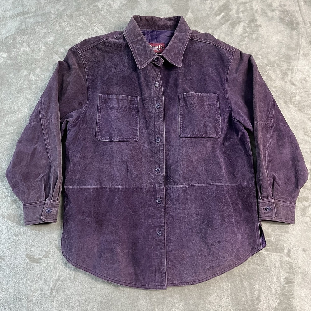 Denim & Co Women's Purple Suede Leather Jacket Size L Button Front Shirt Jacket